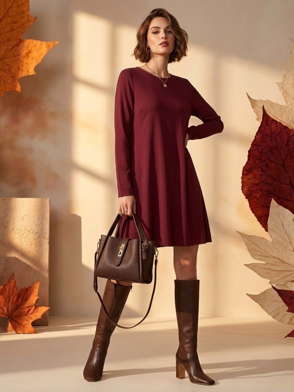 Forever 21 Burgundy Long-Sleeve A-Line Dress